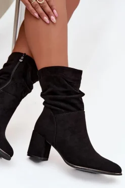 Damskie Boto Ocieplane Botki Damskie Z Marszczeniem Na Słupkowym Obcasie Czarne Ivressa