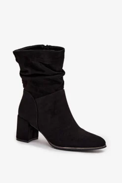 Damskie Boto Ocieplane Botki Damskie Z Marszczeniem Na Słupkowym Obcasie Czarne Ivressa