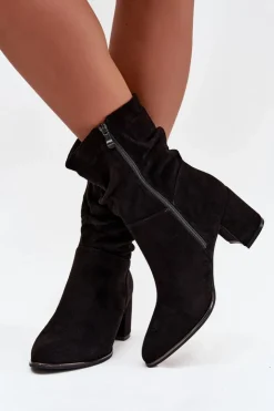 Damskie Boto Ocieplane Botki Damskie Z Marszczeniem Na Słupkowym Obcasie Czarne Ivressa