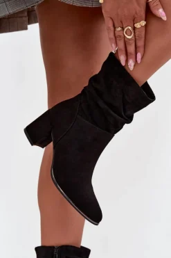 Damskie Boto Ocieplane Botki Damskie Z Marszczeniem Na Słupkowym Obcasie Czarne Ivressa