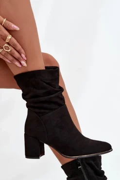 Damskie Boto Ocieplane Botki Damskie Z Marszczeniem Na Słupkowym Obcasie Czarne Ivressa