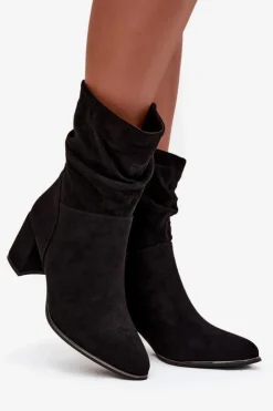 Damskie Boto Ocieplane Botki Damskie Z Marszczeniem Na Słupkowym Obcasie Czarne Ivressa