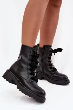 Boto Botki Sznurowane|Czarne Botki*Ocieplane Botki Damskie Z Ozdobnym Sznurowaniem Czarne Elindra Czarny