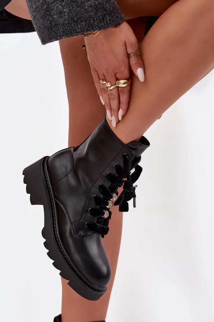 Boto Botki Sznurowane|Czarne Botki*Ocieplane Botki Damskie Z Ozdobnym Sznurowaniem Czarne Elindra Czarny