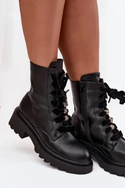 Boto Botki Sznurowane|Czarne Botki*Ocieplane Botki Damskie Z Ozdobnym Sznurowaniem Czarne Elindra Czarny