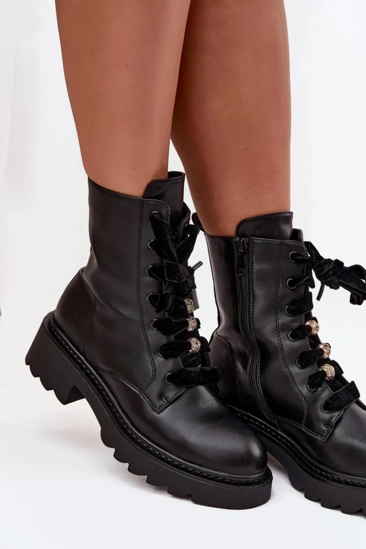 Boto Botki Sznurowane|Czarne Botki*Ocieplane Botki Damskie Z Ozdobnym Sznurowaniem Czarne Elindra Czarny