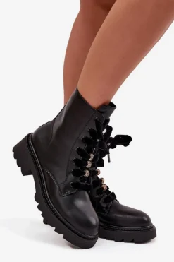 Boto Botki Sznurowane|Czarne Botki*Ocieplane Botki Damskie Z Ozdobnym Sznurowaniem Czarne Elindra Czarny
