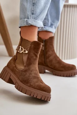 Damskie Boto Ocieplane Botki Damskie Ze Złotym Detalem Eko Zamszowe Brązowe Bervena