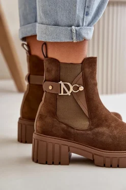 Damskie Boto Ocieplane Botki Damskie Ze Złotym Detalem Eko Zamszowe Brązowe Bervena