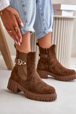 Damskie Boto Ocieplane Botki Damskie Ze Złotym Detalem Eko Zamszowe Brązowe Bervena