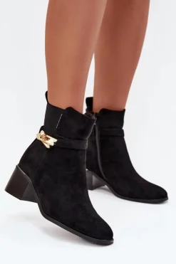 Boto Botki Ocieplane|Botki Na Słupku*Ocieplane Botki Damskie Ze Złotą Ozdobą Na Klocku Czarne Sarona