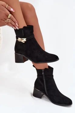 Boto Botki Ocieplane|Botki Na Słupku*Ocieplane Botki Damskie Ze Złotą Ozdobą Na Klocku Czarne Sarona