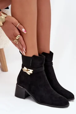 Boto Botki Ocieplane|Botki Na Słupku*Ocieplane Botki Damskie Ze Złotą Ozdobą Na Klocku Czarne Sarona