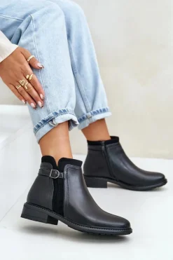 Boto Botki Zimowe Damskie|Botki Płaskie*Ocieplane Botki Damskie Z Niską Cholewką Na Zamek Eko Skórzane Czarne Taitha