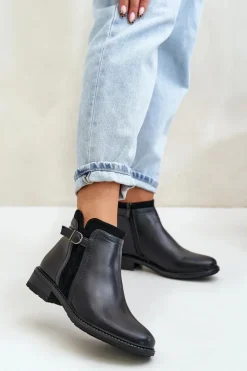 Boto Botki Zimowe Damskie|Botki Płaskie*Ocieplane Botki Damskie Z Niską Cholewką Na Zamek Eko Skórzane Czarne Taitha