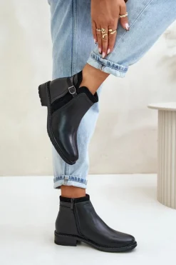 Boto Botki Zimowe Damskie|Botki Płaskie*Ocieplane Botki Damskie Z Niską Cholewką Na Zamek Eko Skórzane Czarne Taitha