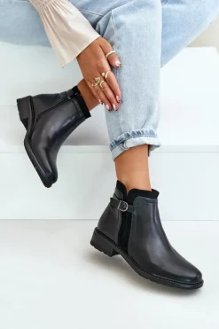 Boto Botki Zimowe Damskie|Botki Płaskie*Ocieplane Botki Damskie Z Niską Cholewką Na Zamek Eko Skórzane Czarne Taitha