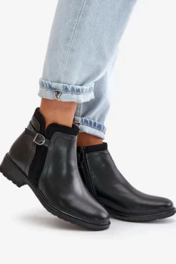 Boto Botki Zimowe Damskie|Botki Płaskie*Ocieplane Botki Damskie Z Niską Cholewką Na Zamek Eko Skórzane Czarne Taitha