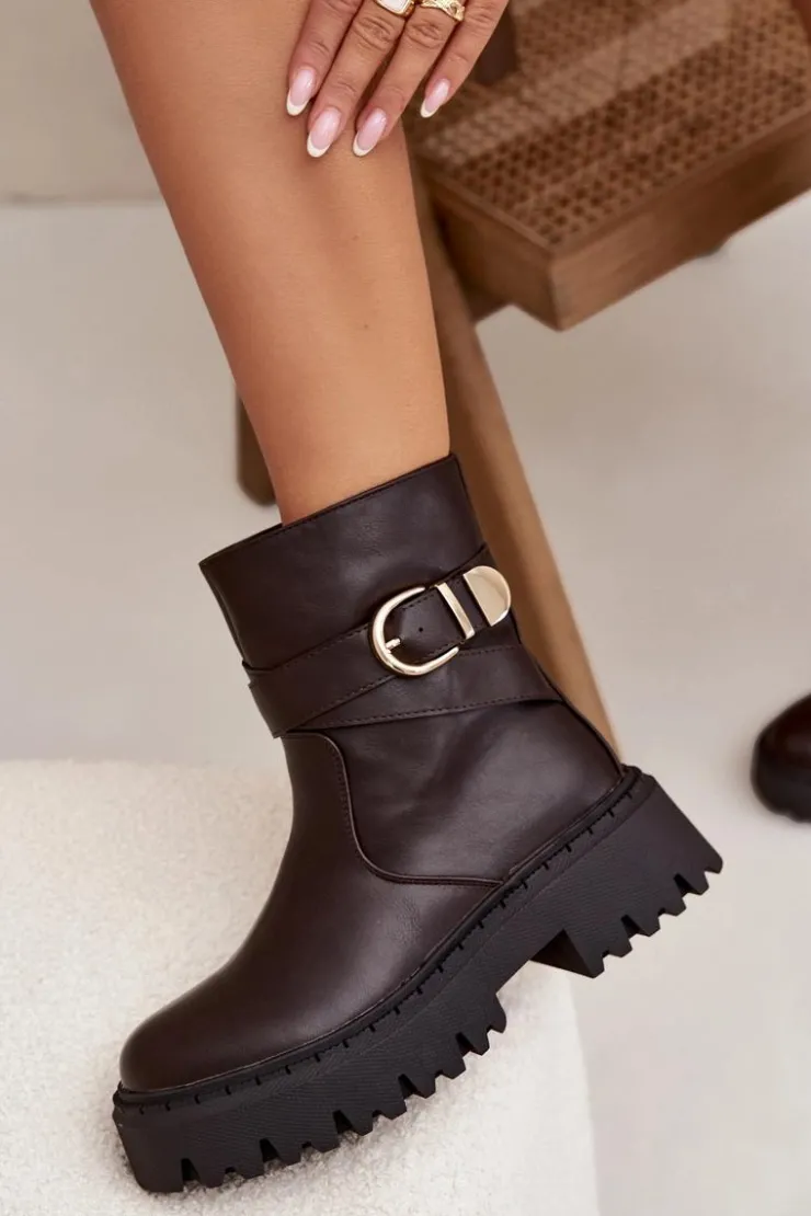 Sale Boto Ocieplane Botki Damskie Ze Złotą Klamrą Czekoladowe Elanore