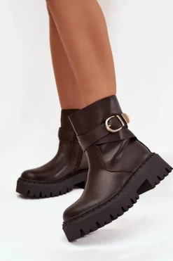 Sale Boto Ocieplane Botki Damskie Ze Złotą Klamrą Czekoladowe Elanore