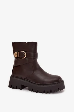 Sale Boto Ocieplane Botki Damskie Ze Złotą Klamrą Czekoladowe Elanore