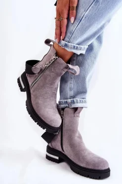 Discount Boto Ocieplane Botki Damskie Z Suwakiem Szare Calvaro