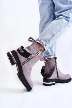 Discount Boto Ocieplane Botki Damskie Z Suwakiem Szare Calvaro