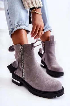 Discount Boto Ocieplane Botki Damskie Z Suwakiem Szare Calvaro