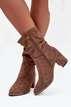 Boto Botki Na Słupku|Botki Zimowe Damskie*Ocieplane Botki Damskie Z Marszczeniem Na Słupkowym Obcasie Brązowe Ivressa