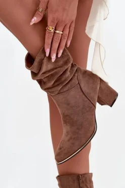 Boto Botki Na Słupku|Botki Zimowe Damskie*Ocieplane Botki Damskie Z Marszczeniem Na Słupkowym Obcasie Brązowe Ivressa