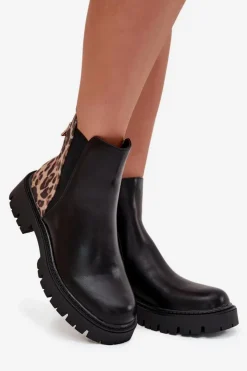 Damskie Boto Ocieplane Botki Damskie Ze Złotym Detalem Panterka Czarne Calista