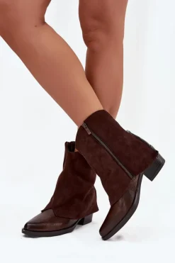 Damskie Boto Ocieplane Botki Kowbojki Na Obcasie Czekoladowe Sylvette