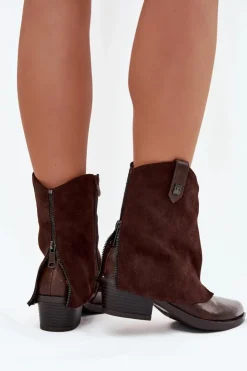 Damskie Boto Ocieplane Botki Kowbojki Na Obcasie Czekoladowe Sylvette