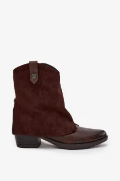 Damskie Boto Ocieplane Botki Kowbojki Na Obcasie Czekoladowe Sylvette