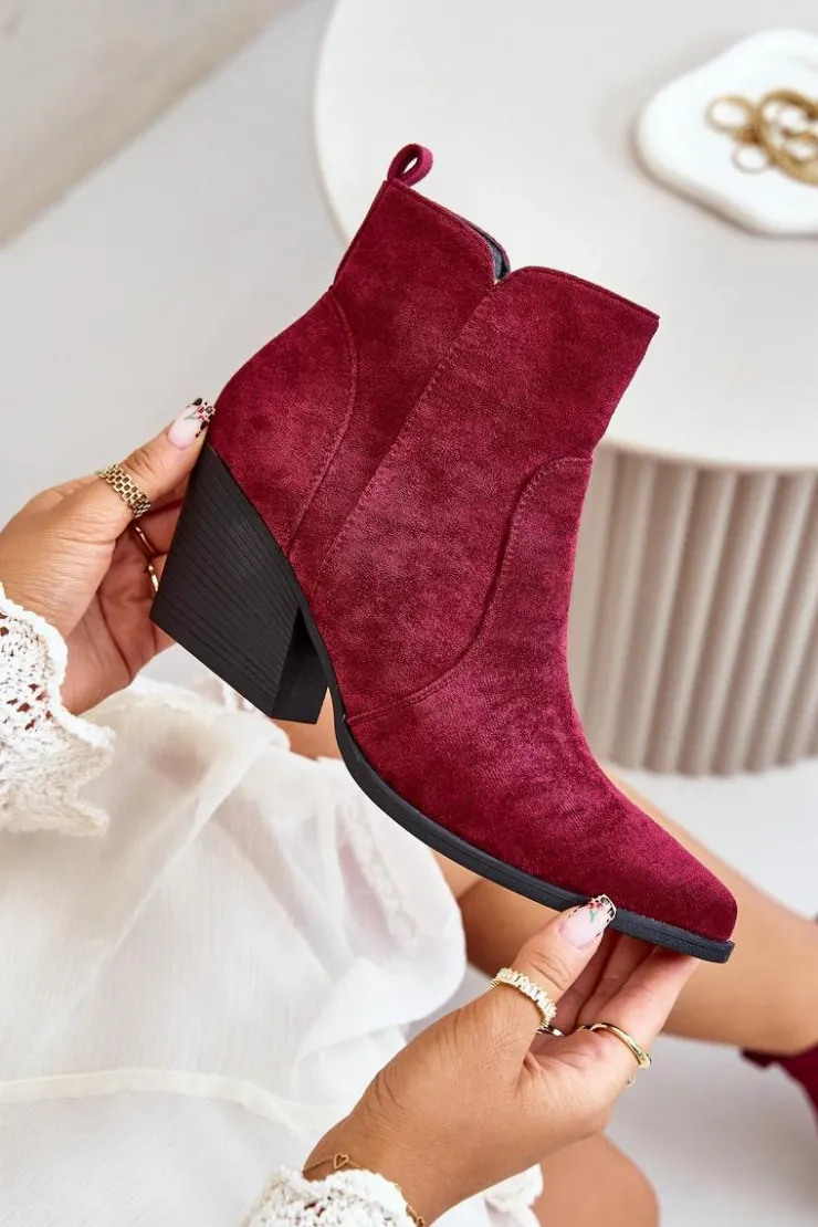 Outlet Boto Ocieplane Botki Kowbojki Eko Zamszowe Na Zamek Bordowe Virtris