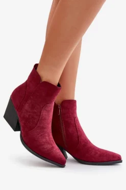 Outlet Boto Ocieplane Botki Kowbojki Eko Zamszowe Na Zamek Bordowe Virtris