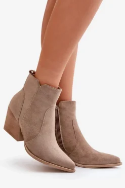 Boto Botki Na Słupku|Brązowe I Beżowe Botki*Ocieplane Botki Kowbojki Eko Zamszowe Na Zamek Ciemnobeżowe Virtris