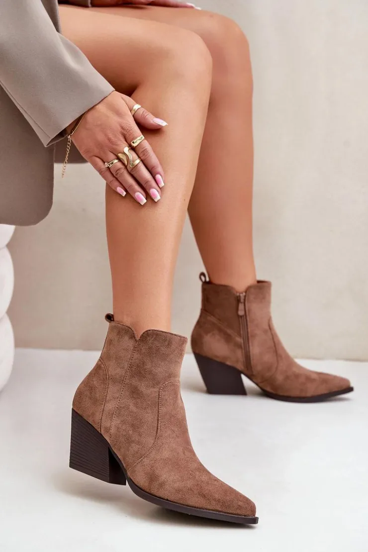 Boto Botki Na Słupku|Brązowe I Beżowe Botki*Ocieplane Botki Kowbojki Eko Zamszowe Na Zamek Brązowe Virtris