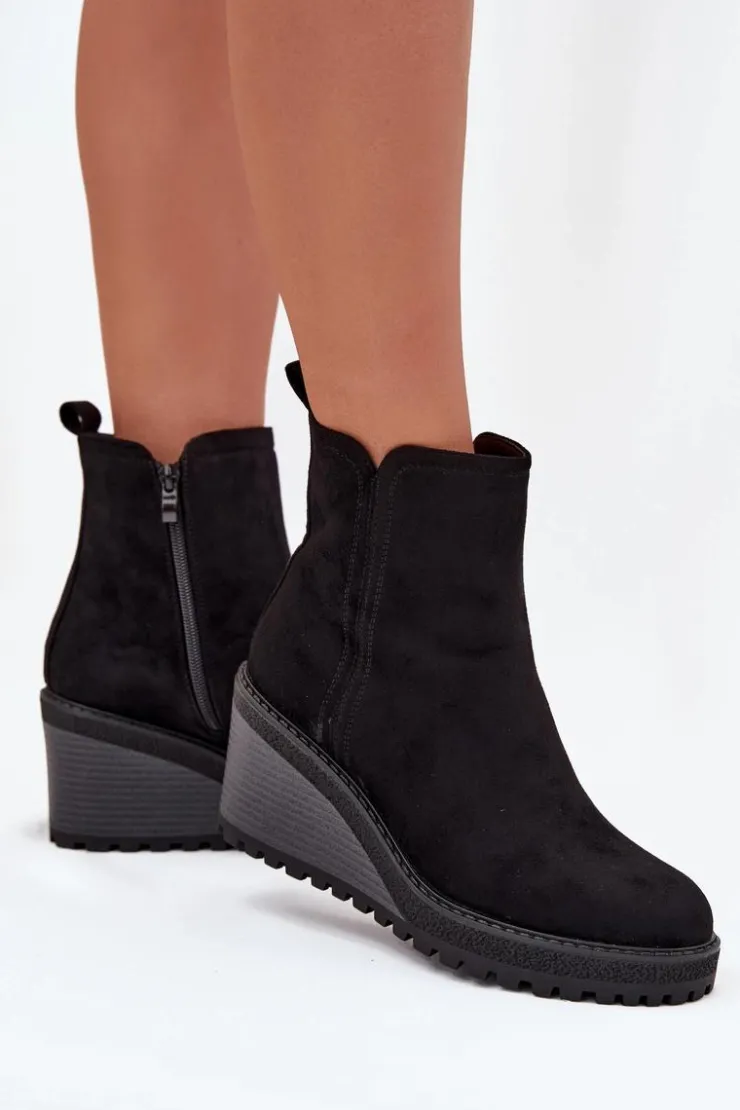 Boto Botki Ocieplane|Botki Na Koturnie*Ocieplane Botki Na Koturnie Z Eko Zamszu Czarne Mavona Czarny