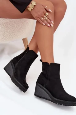 Boto Botki Ocieplane|Botki Na Koturnie*Ocieplane Botki Na Koturnie Z Eko Zamszu Czarne Mavona Czarny