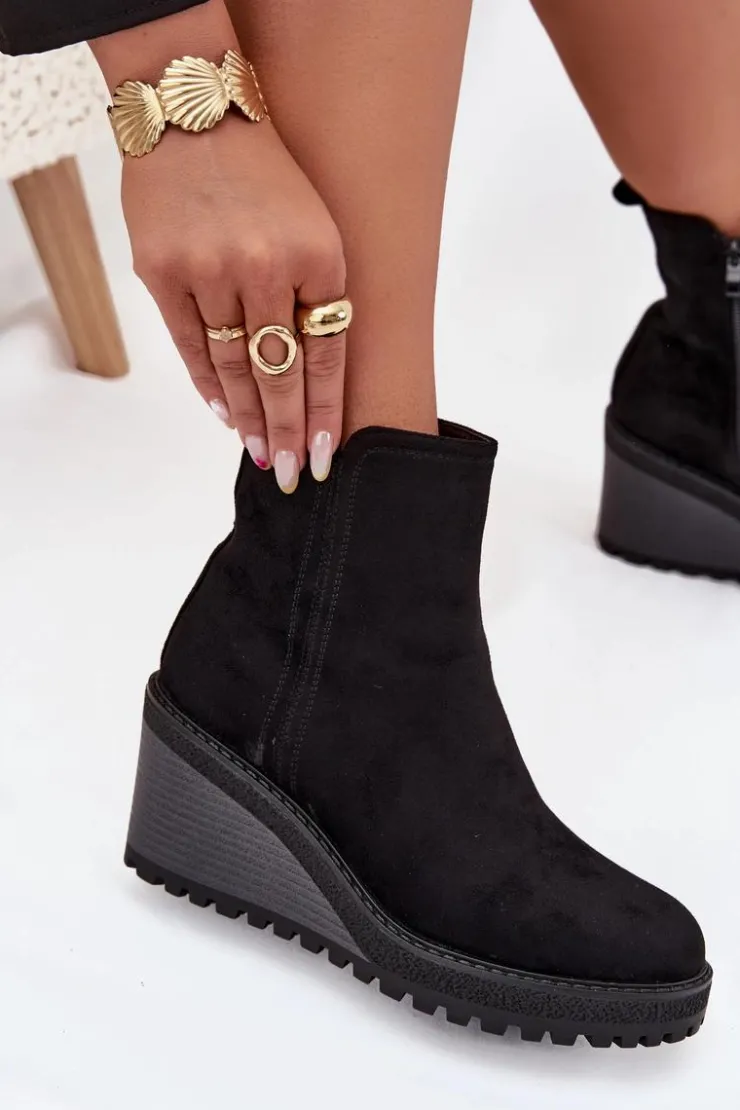 Boto Botki Ocieplane|Botki Na Koturnie*Ocieplane Botki Na Koturnie Z Eko Zamszu Czarne Mavona Czarny
