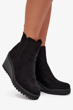 Boto Botki Ocieplane|Botki Na Koturnie*Ocieplane Botki Na Koturnie Z Eko Zamszu Czarne Mavona Czarny