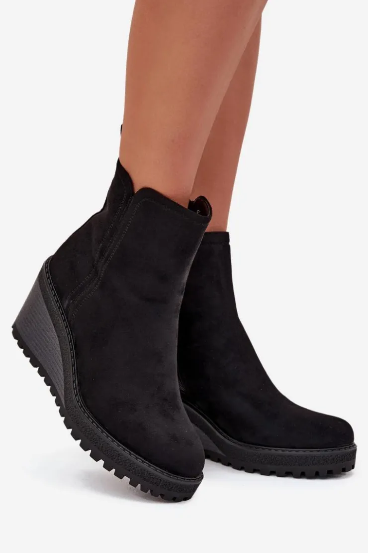 Boto Botki Ocieplane|Botki Na Koturnie*Ocieplane Botki Na Koturnie Z Eko Zamszu Czarne Mavona Czarny