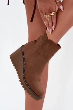 Damskie Boto Ocieplane Botki Na Koturnie Z Eko Zamszu Brązowe Mavona