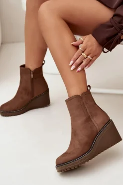 Damskie Boto Ocieplane Botki Na Koturnie Z Eko Zamszu Brązowe Mavona