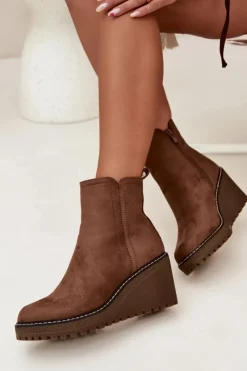 Damskie Boto Ocieplane Botki Na Koturnie Z Eko Zamszu Brązowe Mavona