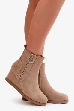 Boto Botki Na Koturnie|Czarne Botki*Ocieplane Botki Na Koturnie Z Ozdobnym Zamkiem Eko Zamszowe Ciemnobeżowe Leretha