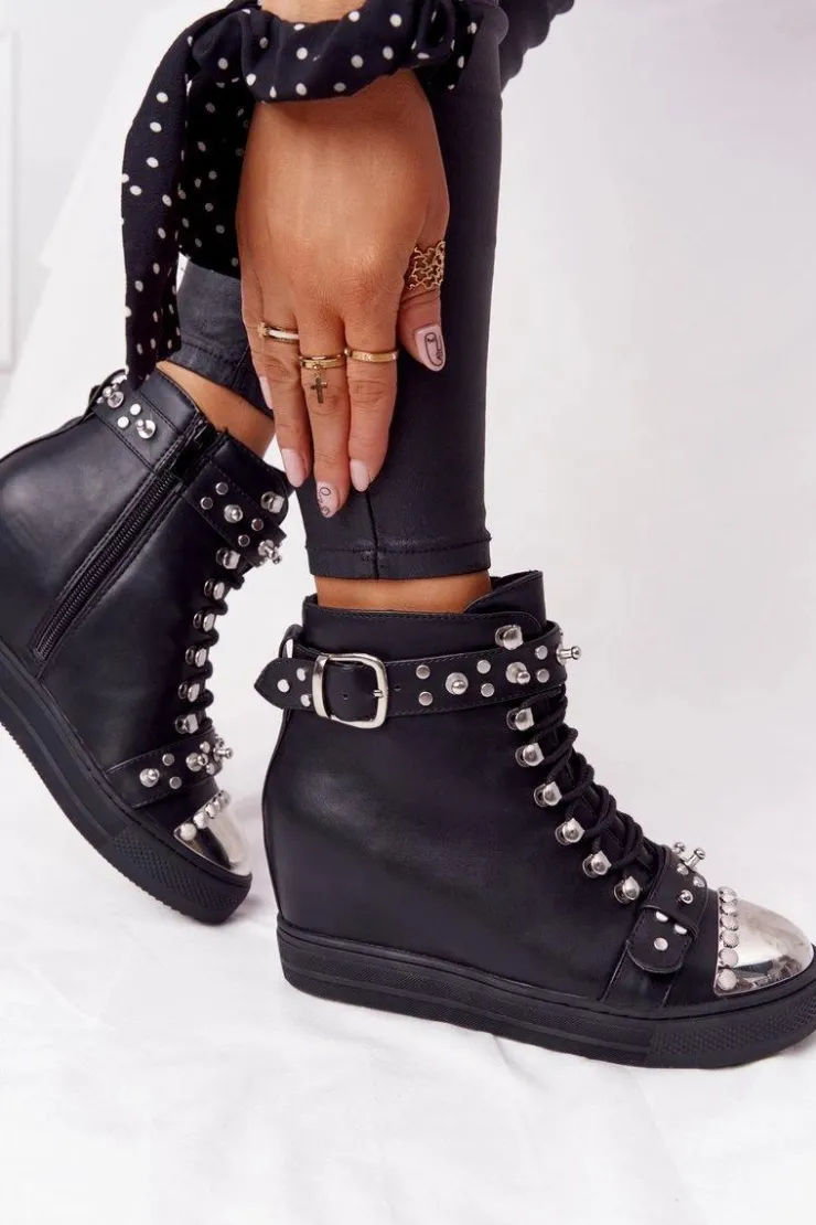 Clearance Boto Ocieplane Botki Na Koturnie Z Dżetami Czarne Lu Boo