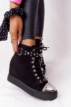 Boto Botki Na Koturnie|Botki Sznurowane*Ocieplane Botki Na Koturnie Zamszowe Czarne Lu Boo