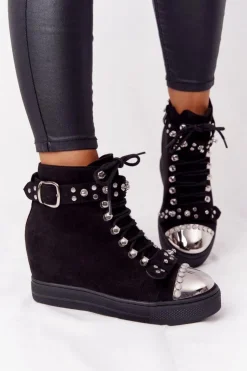 Boto Botki Na Koturnie|Botki Sznurowane*Ocieplane Botki Na Koturnie Zamszowe Czarne Lu Boo